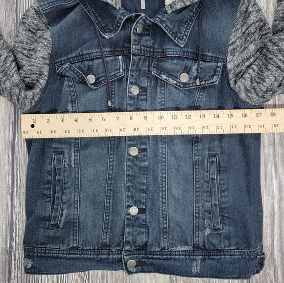 Free People Distressed Denim Jacket With Knit Sleeves and Hood - Picture 10 of 11